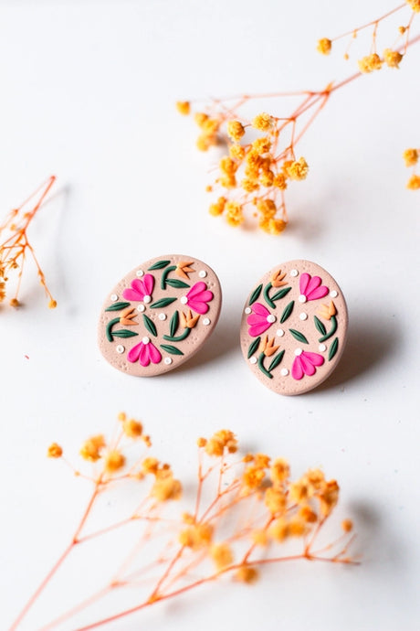 Oval Oversized Studs Floral Taupe