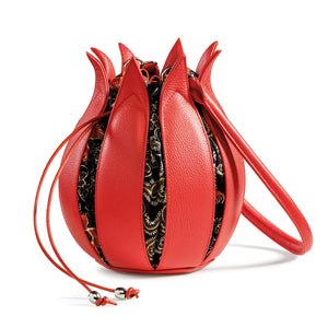 Structure Leather Tulip Bag in Orange with Hot China Batik Canvas