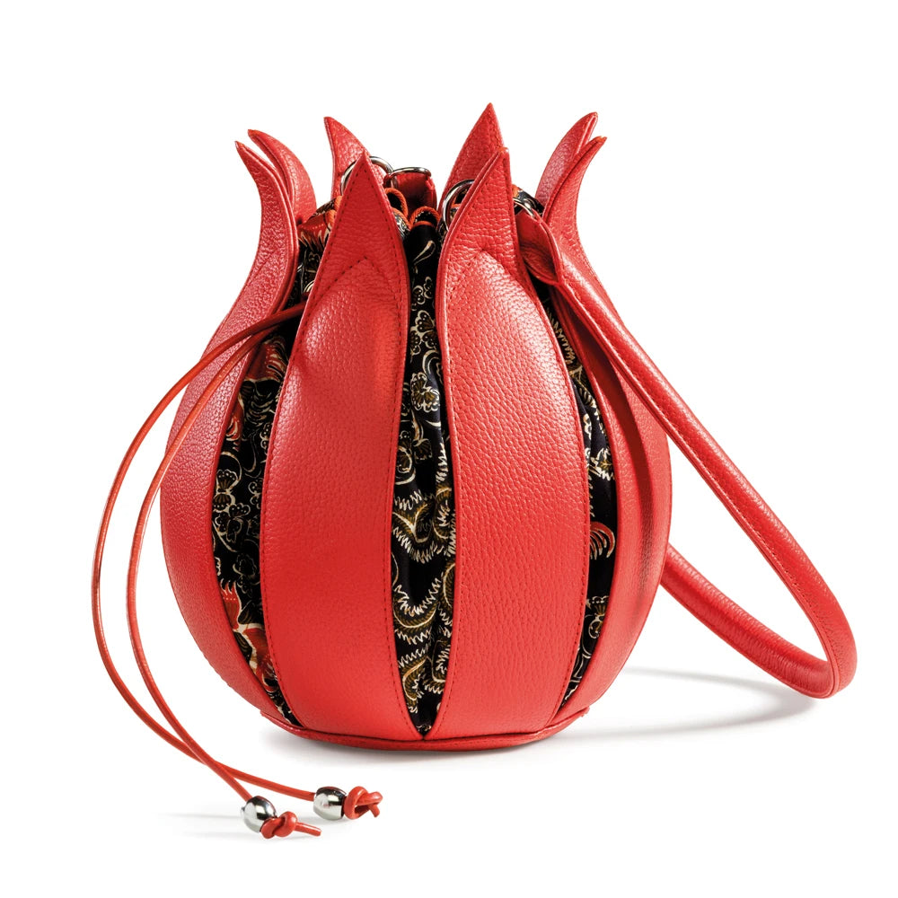 Structure Leather Tulip Bag in Orange with Hot China Batik Canvas