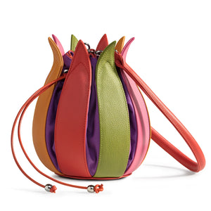 Structure Leather Tulip Bag in Orange-Lime-Pink-Yellow with Violet Canvas