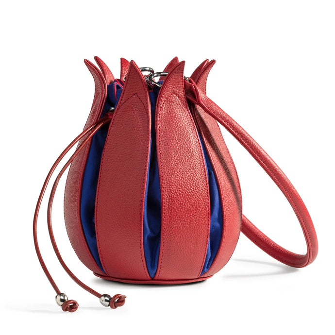 Structure Leather Tulip Bag in Red with Cobalt Canvas