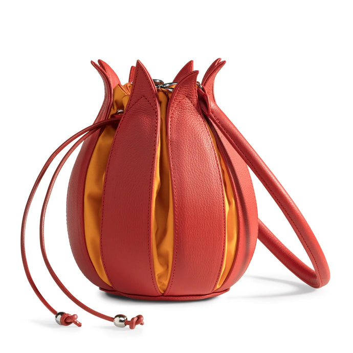 Structure Leather Tulip Bag in Orange with Yellow Canvas