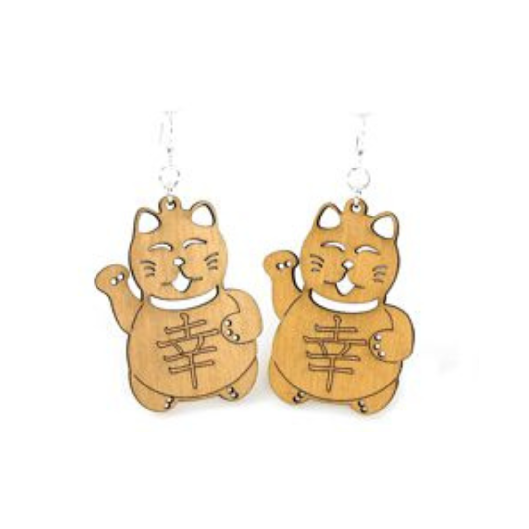 Lucky Cat Wood Earrings