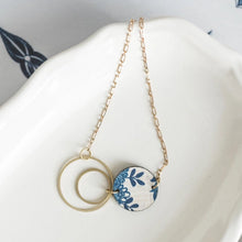 Blue & White Floral Brass Circle Necklace