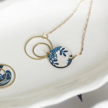 Blue & White Floral Brass Circle Necklace
