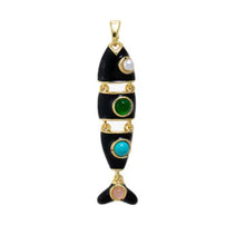 Black fish-shaped articulated pendant necklace with gemstones