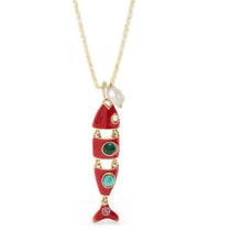 Red fish-shaped articulated pendant necklace with gemstones