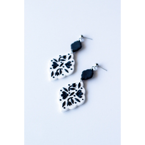 Slow Day Studios Black & White Floral Scalloped Dangle Earrings