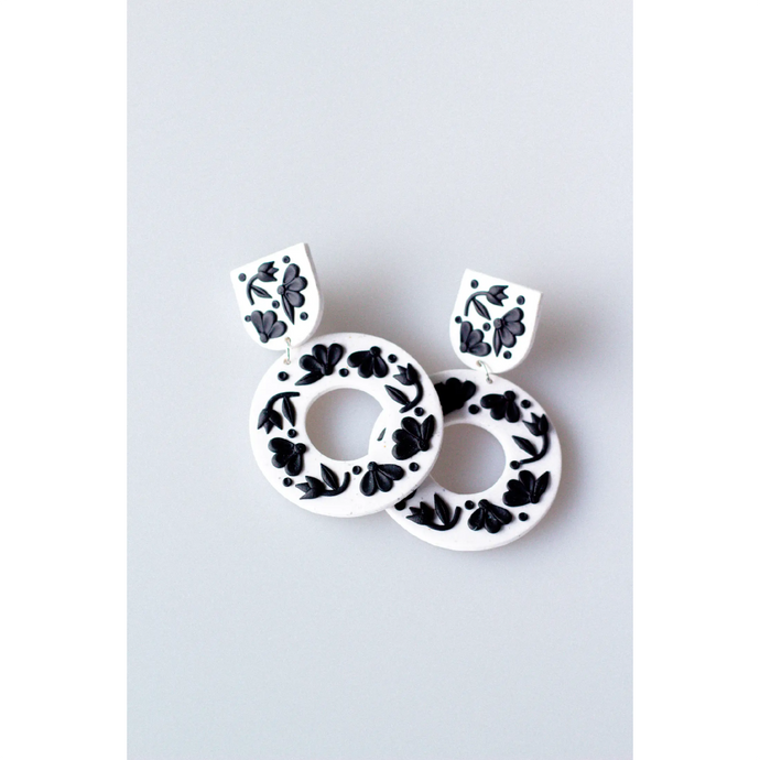 Slow Day Studios Black & White Floral Wreath Dangle Earrings