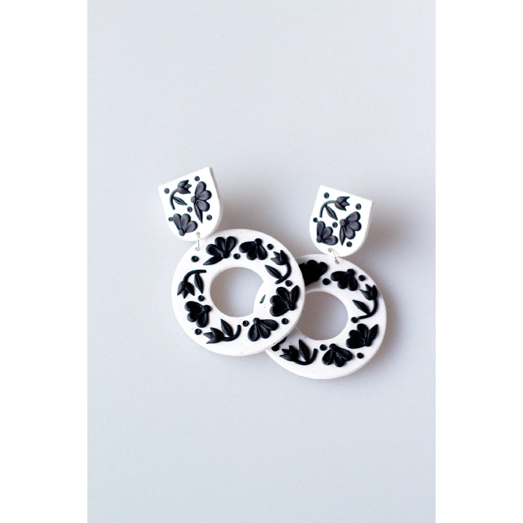 Slow Day Studios Black & White Floral Wreath Dangle Earrings