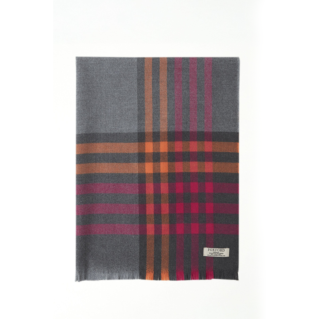 Foxford Woollen Mills 5 Stripe Border Pink, Orange & Charcoal Merino Stole 4334/C3