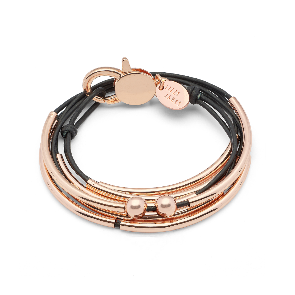 Lizzy James Girlfriend Rose Gold Black Wrap Bracelet