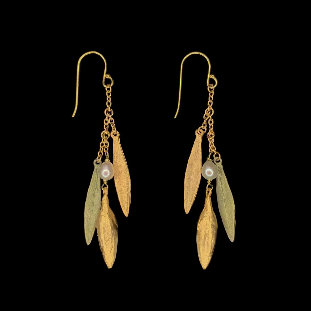 Silver Seasons Leaf & Bud Three Leaf Pearl Drop Earrings 3717BZ