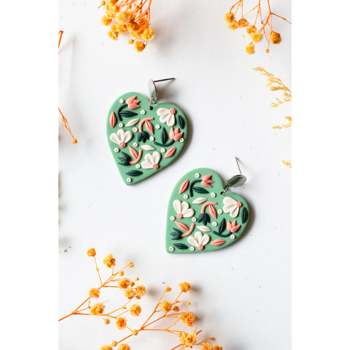 Slow Day Studios Speckled Sage Floral Heart Dangle Earrings