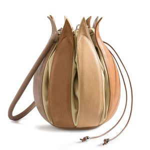 by-Lin Vintage Leather Tulip Bag in Taupe-Camel-Cognag & Kaki Canvas 070168